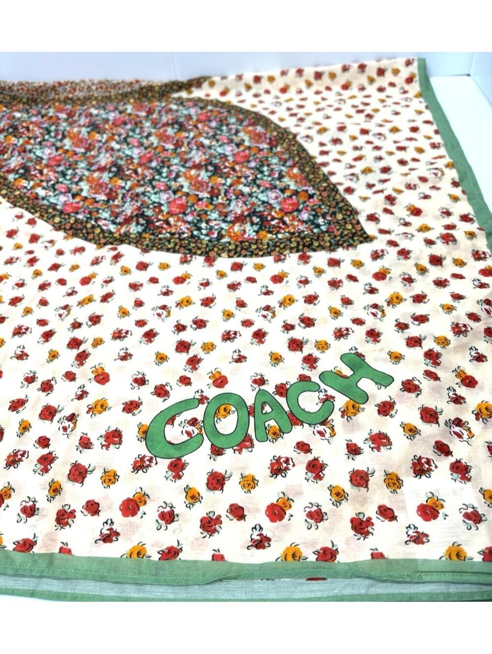 Coach Large Floral Wrap Scarf Cotton Silk Peach Green Flower Print GUC